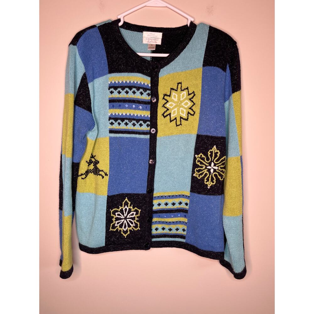 2000s Y2K Christopher & Banks Patchwork Snowflake Christmas Sparkle Cardigan M